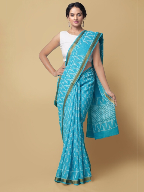 

Unnati Silks Blue & White Batik Zari Pure Cotton Handloom Sustainable Block Print Saree