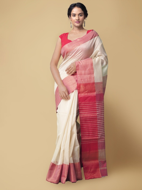 

Unnati Silks Cream-Coloured & Pink Zari Silk Cotton Maheshwari Saree
