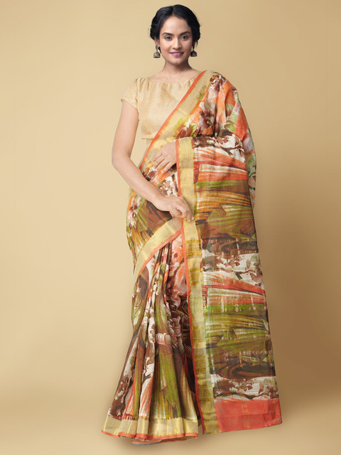 

Unnati Silks Green & Orange Pure Cotton Handloom Sustainable Kasavu Saree