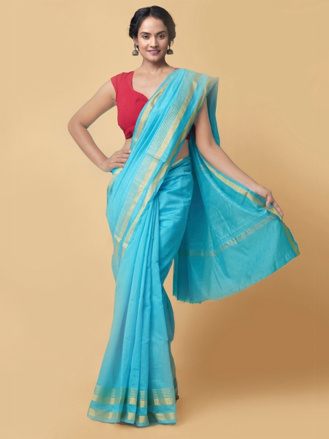 

Unnati Silks Blue & Gold-Toned Zari Silk Cotton Chanderi Sustainable Saree