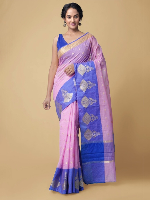 

Unnati Silks Pink & Blue Woven Design Zari Kota Saree