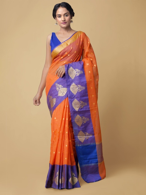 

Unnati Silks Orange & Blue Ethnic Motifs Zari Woven Design Kota Banarasi Saree