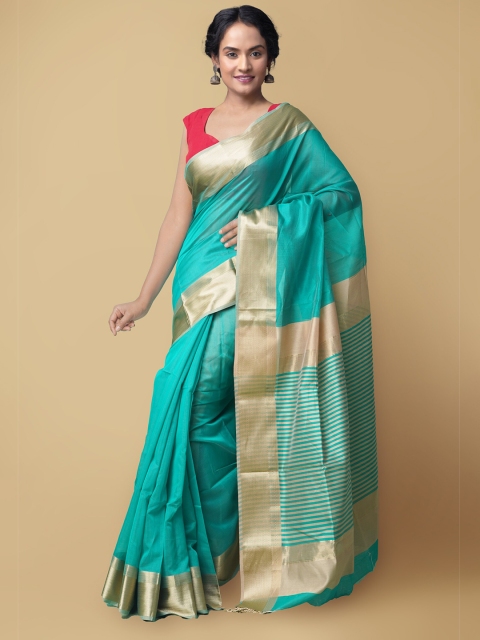 

Unnati Silks Turquoise Blue & Gold-Toned Zari Silk Cotton Maheshwari Saree