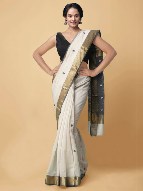 

Unnati Silks Cream-Coloured & Black Zari Silk Cotton Handloom Sustainable Maheshwari Saree