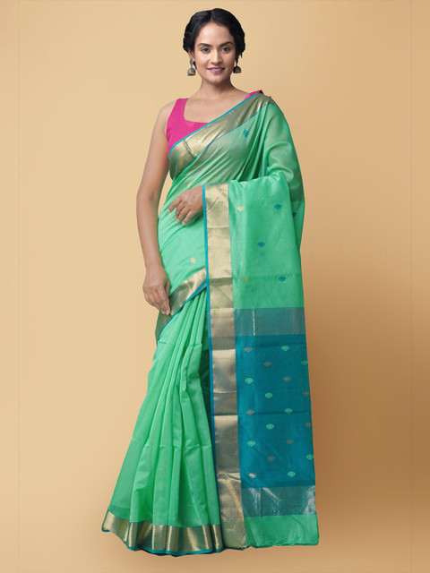 

Unnati Silks Green & Blue Woven Design Zari Silk Cotton Maheshwari Sustainable Saree