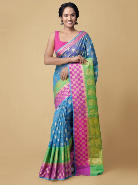 

Unnati Silks Blue & Pink Woven Design Zari Kota Saree