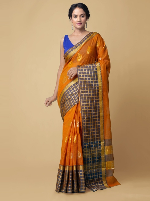 

Unnati Silks Orange & Blue Ethnic Motifs Zari Woven Design Kota Banarasi Saree
