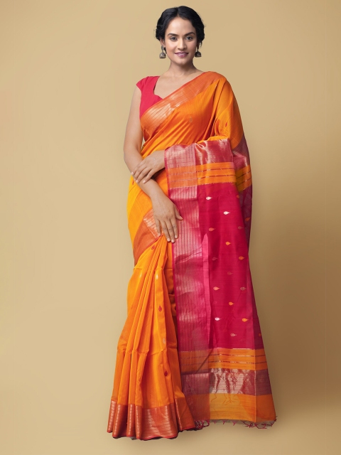 

Unnati Silks Orange & Red Ethnic Motifs Zari Silk Cotton Maheshwari Saree