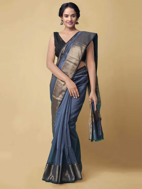 

Unnati Silks Blue & Gold-Toned Zari Silk Cotton Handloom Sustainable Maheshwari Saree