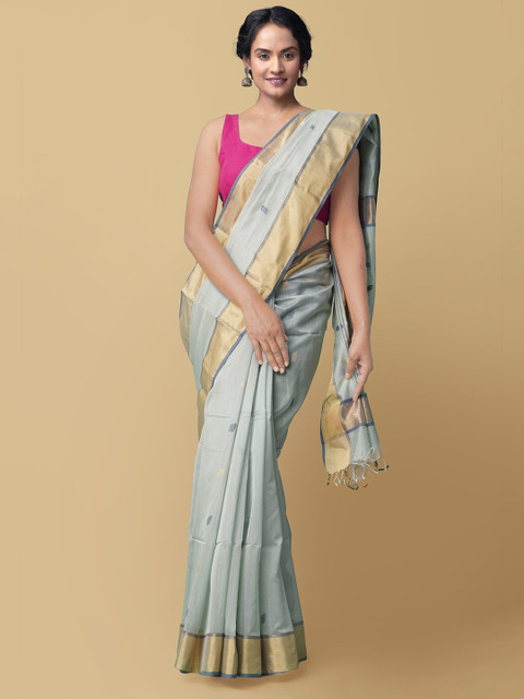 

Unnati Silks Grey & Blue Woven Design Zari Silk Cotton Maheshwari Sustainable Saree