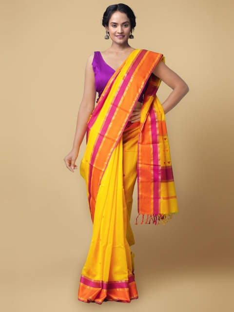 

Unnati Silks Yellow & Orange Geometric Woven Design Handloom Silk Cotton Maheshwari Saree