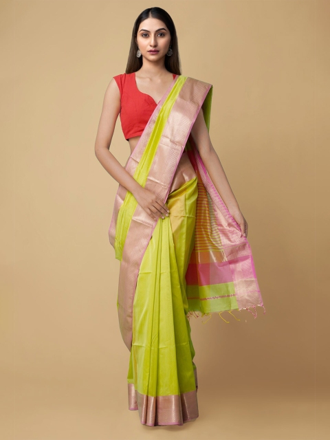 

Unnati Silks Lime Green & Pink Zari Silk Cotton Handloom Sustainable Maheshwari Saree