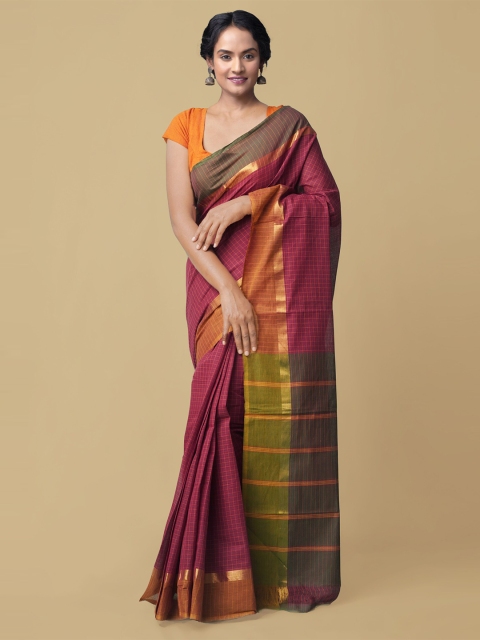 

Unnati Silks Maroon & Green Checked Zari Pure Cotton Mangalagiri Saree