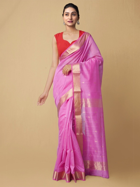 

Unnati Silks Women Pink & Gold-Coloured Pure Handloom Maheshwari Sico Sustainable Saree