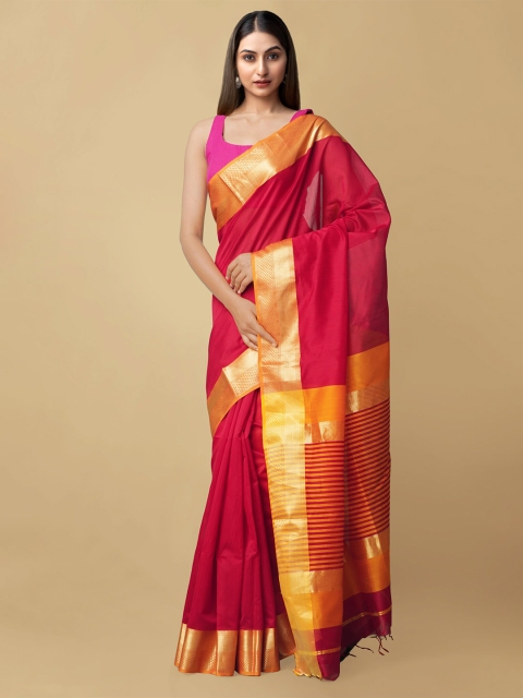 

Unnati Silks Red & Gold Woven Design Zari Silk Pure Handloom Maheshwari Sustainable Saree