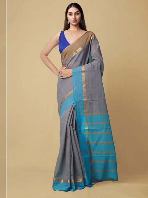 

Unnati Silks Grey & Blue Zari Pure Cotton Mangalagiri Saree