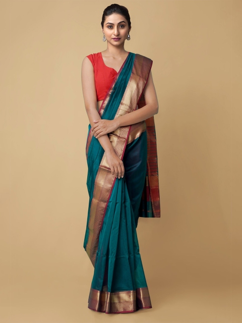 

Unnati Silks Teal Blue & Red Zari Silk Cotton Handloom Sustainable Maheshwari Saree