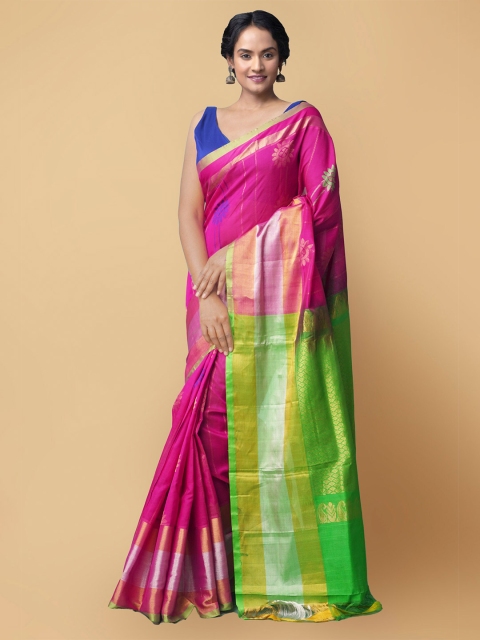 

Unnati Silks Pink & Green Striped Zari Silk Cotton Uppada Saree
