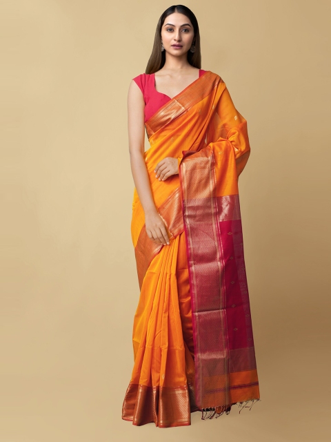 

Unnati Silks Orange & Maroon Woven Design Zari Silk Cotton Maheshwari Saree