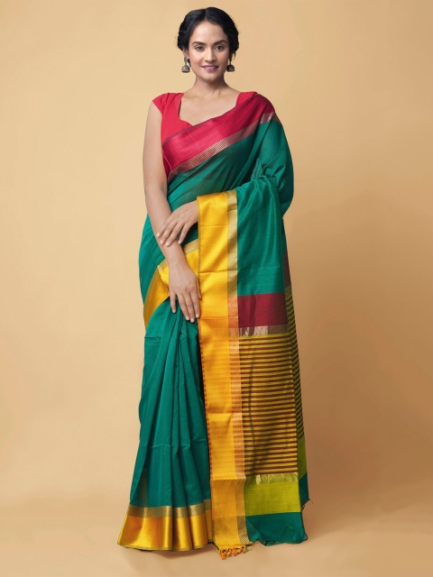 

Unnati Silks Green & Yellow Zari Handloom Silk Cotton Maheshwari Saree