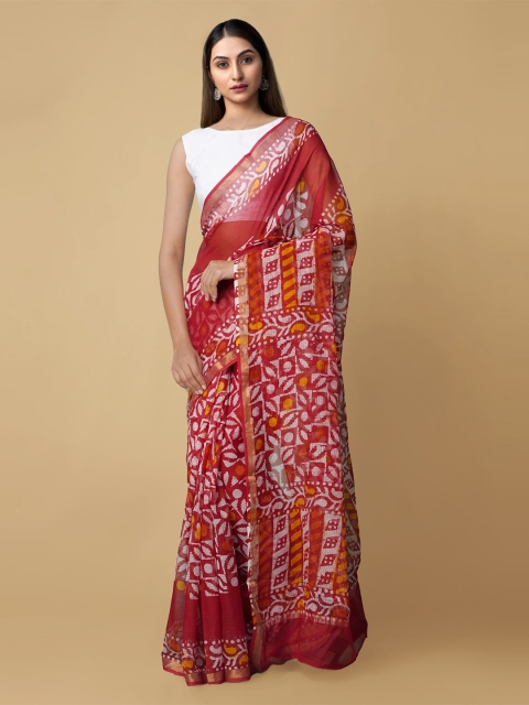 

Unnati Silks Red & White Batik Print Zari Pure Cotton Sustainable Kota Saree
