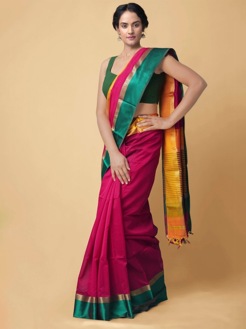 

Unnati Silks Pink & Green Silk Cotton Handloom Sustainable Maheshwari Saree