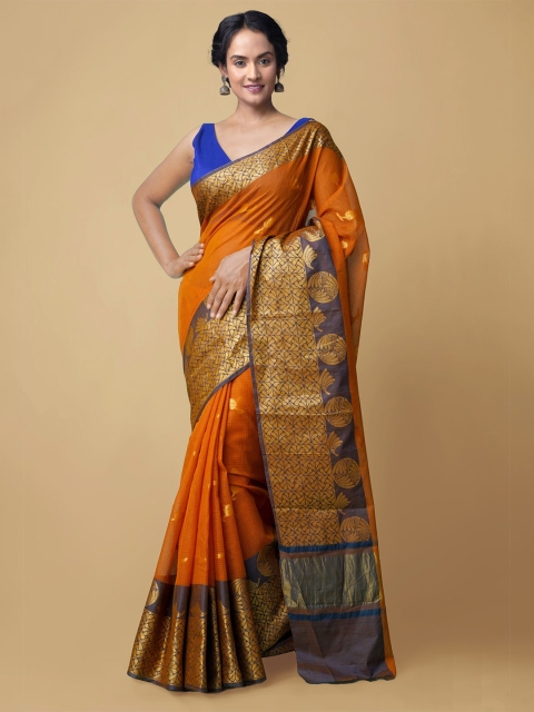 

Unnati Silks Orange & Blue Checked Zari Kota Sustainable Saree