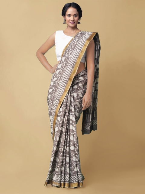 

Unnati Silks Taupe & White Batik Pure Cotton Dabu Saree