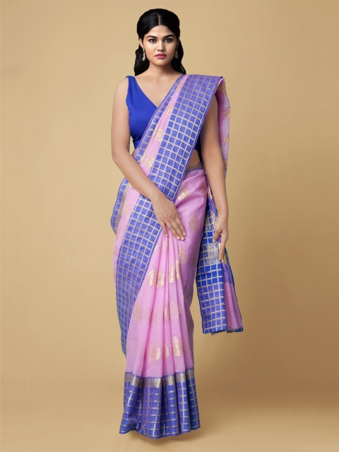 

Unnati Silks Pink & Blue Ethnic Motifs Woven Design Zari Kota Banarasi Saree