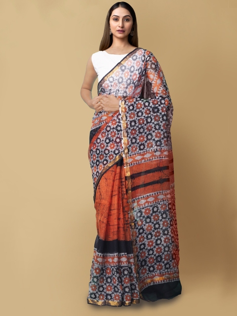 

Unnati Silks Orange & Black Batik Pure Cotton Handloom Sustainable Kota Saree