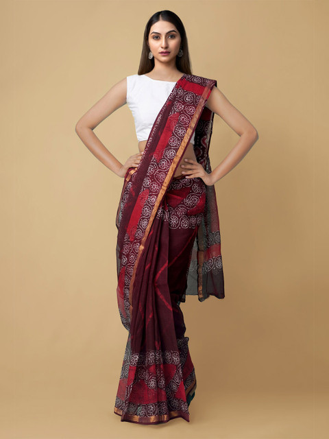 

Unnati Silks Maroon & Red Batik Zari Pure Cotton Kota Sustainable Saree