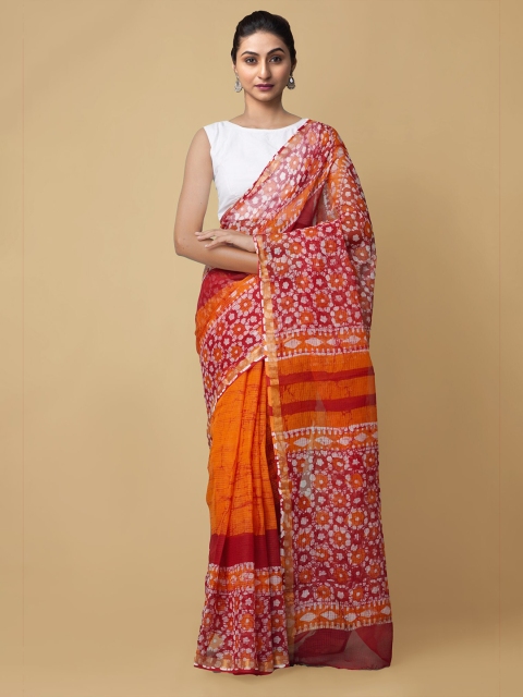 

Unnati Silks Orange & Red Batik Printed Zari Pure Cotton Kota Saree