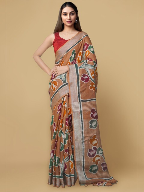 

Unnati Silks Brown & Maroon Floral Pure Linen Jamdani Saree
