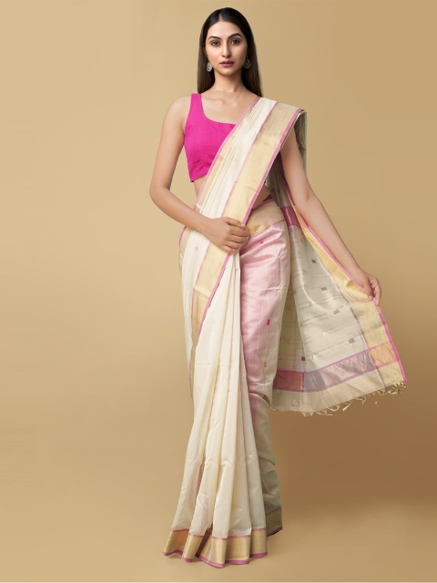 

Unnati Silks Cream-Coloured & Pink Zari Silk Cotton Handloom Sustainable Maheshwari Saree