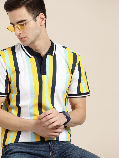 

Moda Rapido Men White & Yellow Cotton Striped Polo Collar T-shirt
