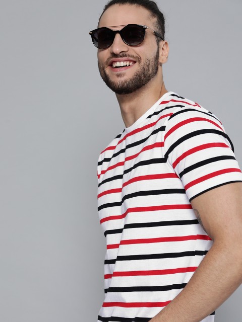 

HERENOW Men White Red Striped Pure Cotton T-shirt
