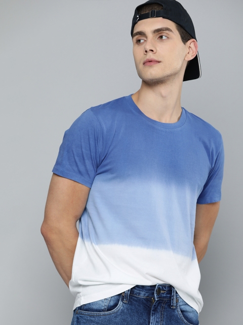 

HERENOW Men Blue White Tie and Dye Dyed Round Neck Pure Cotton Pure Cotton T-shirt