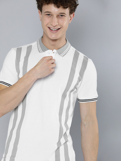 

HERENOW Men White Grey Striped Polo Collar Pure Cotton T-shirt