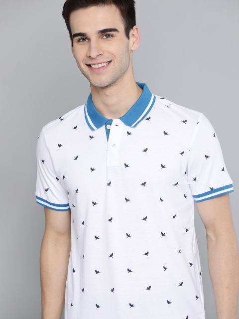 

HERENOW Men White Blue Pure Cotton Printed Polo Collar Pure Cotton T-shirt