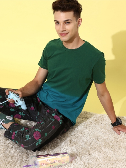 

HERENOW Men Teal Turquoise Blue Colourblocked Pure Cotton T-shirt
