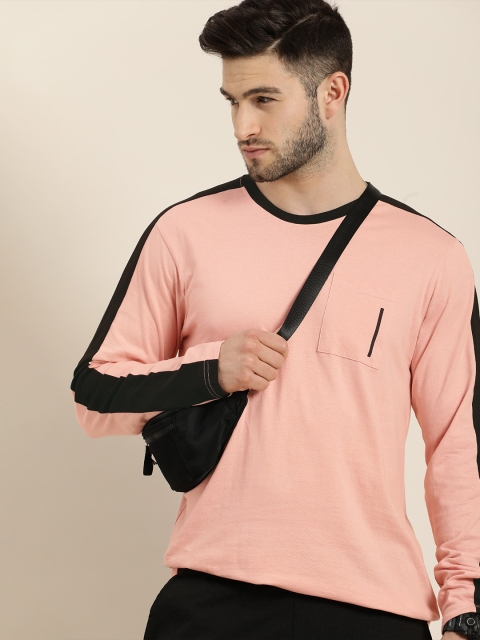 

Moda Rapido Men Coral Pink Solid Round Neck Pure Cotton T-shirt with Pocket