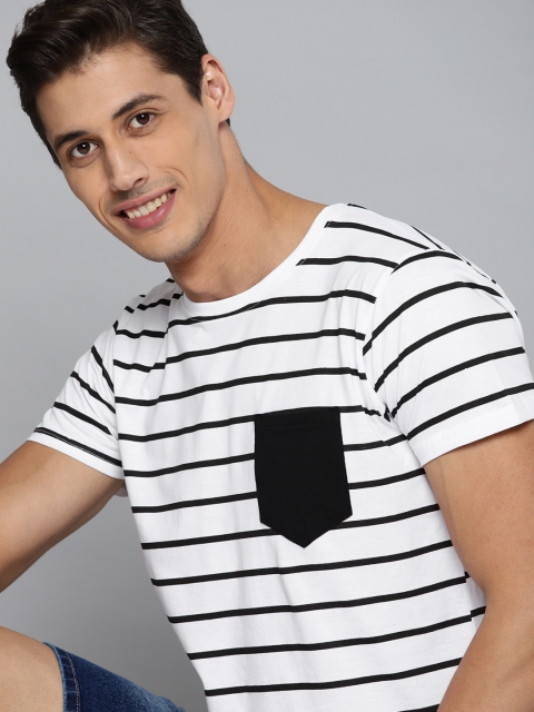 

HERENOW Men White Black Pure Cotton Striped Pure Cotton T-shirt