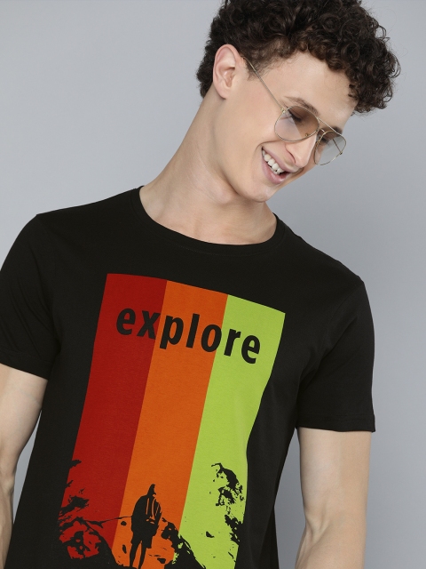 

HERENOW Men Black Red Typography Printed Pure Cotton T-shirt