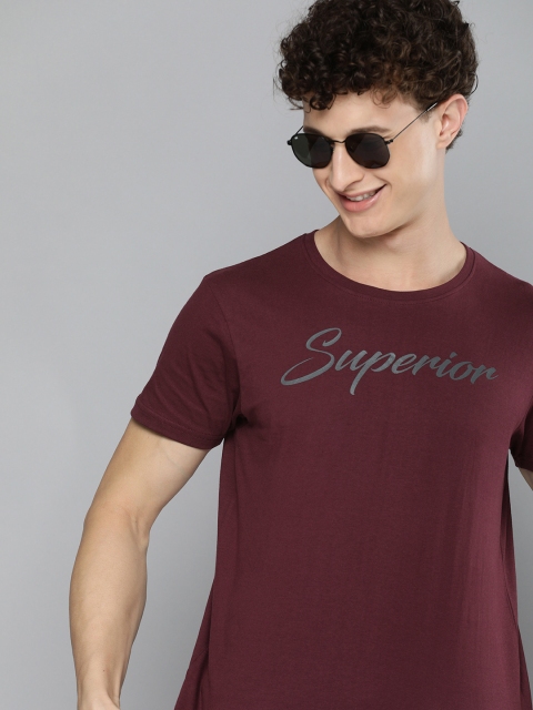 

HERENOW Men Maroon Grey Printed Pure Cotton T-shirt