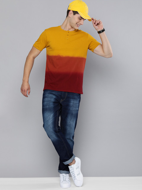 

HERENOW Men Mustard Yellow Brown Colourblocked Pure Cotton T-shirt