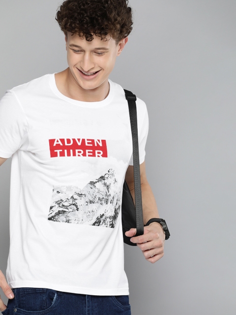 

HERENOW Men White Red Printed Pure Cotton T-shirt