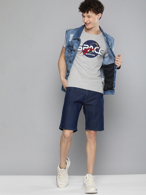

HERE&NOW Men Grey Melange Typography Printed T-shirt