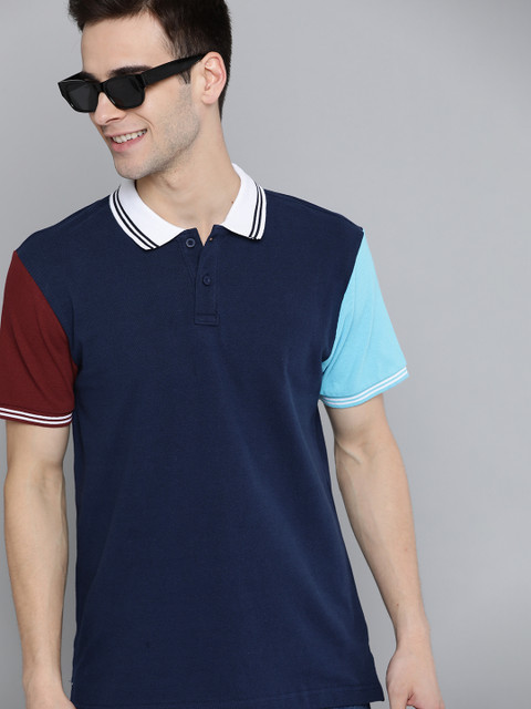 

HERENOW Men Navy Blue Pure Cotton Solid Polo Collar Pure Cotton T-shirt