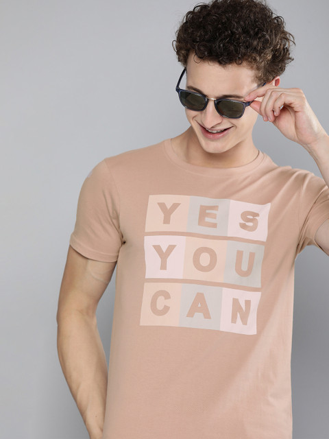 

HERENOW Men Beige Typography Printed Pure Cotton T-shirt