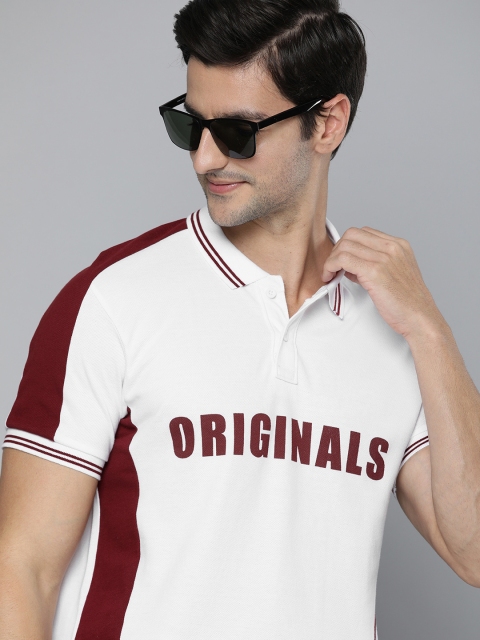 

HERENOW Men White Maroon Colourblocked Polo Collar Pure Cotton T-shirt
